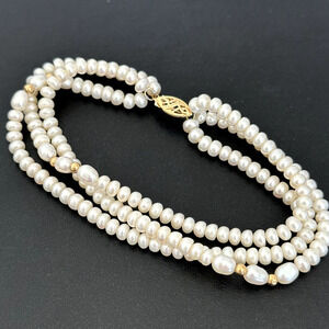 14K Yellow Gold Genuine Real Cream Pearl Triple Strand Bracelet